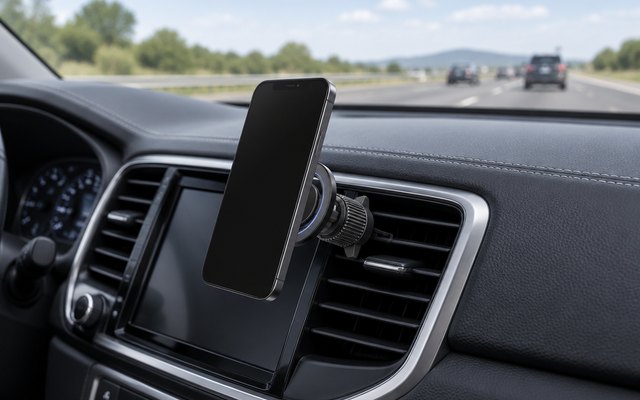 UGREEN MagSafe vent mount, in the dashboard of an SUV, a highway seen through the windshield