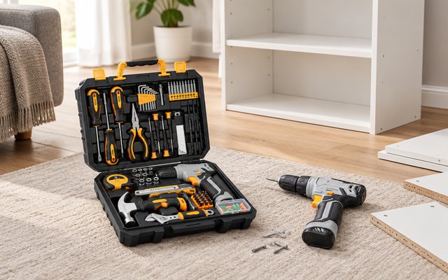 DEKOPRO tool kit with cordless drill, on a living-room floor beside a flat-pack bookshelf being assembled