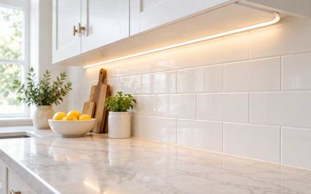 Philips Hue Solo lightstrip glowing warm white under kitchen cabinets