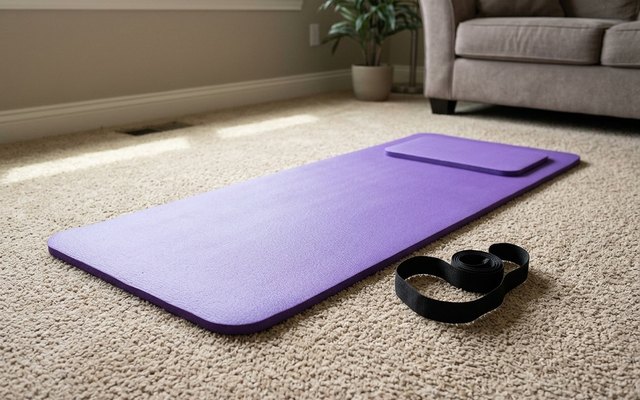 A thick purple exercise mat on a living room carpet with a matching knee pad and a carry strap