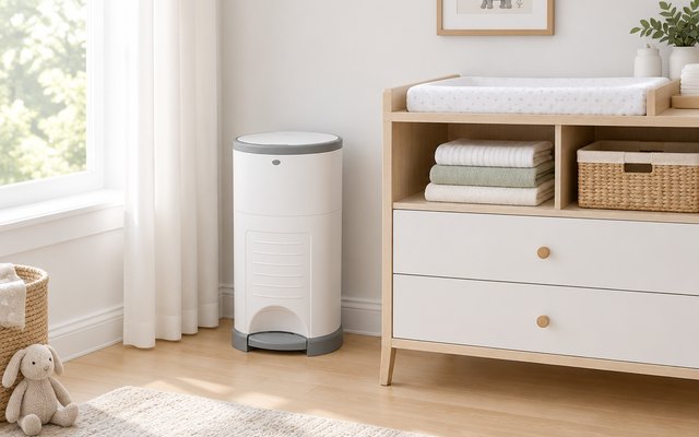 Diaper Dekor EKO Classic Diaper Pail, hands-free diaper pail next to a changing station in a bright nursery, folded towels on a shelf
