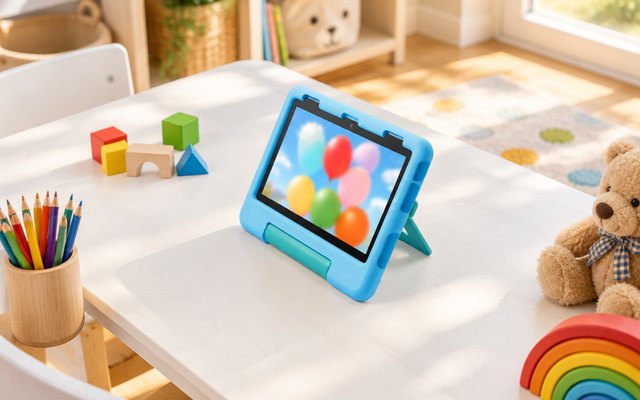 Fire HD 8 Kids in its blue Kid-Proof Case on a playroom table