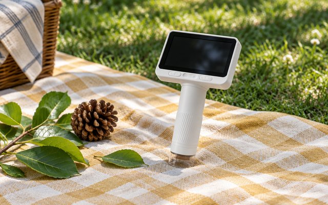 BEAVERLAB Darwin M2 microscope, on a picnic blanket in a sunny backyard beside leaves and a pinecone, its screen off