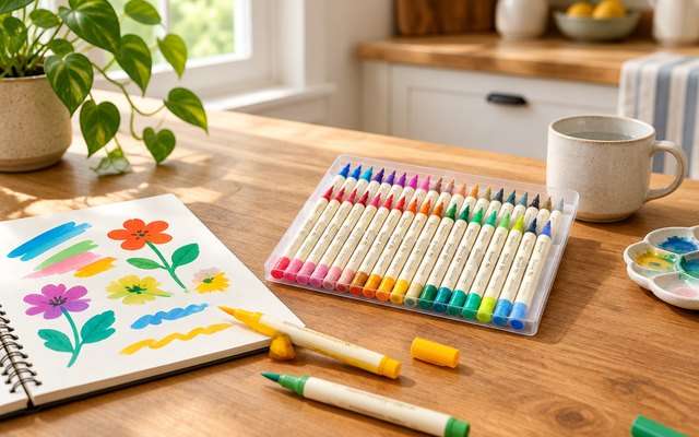 Grabie acrylic paint markers, on a kitchen table beside a sketchbook with colorful brush strokes