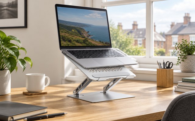 UGREEN laptop stand, on a desk in a British home office, holding an open laptop, a window behind