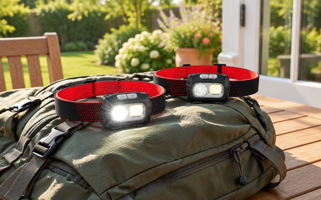 Two red-and-black Blukar headlamps on a backpack on a sunny backyard table, one switched on