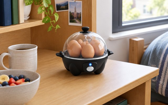 Dash Rapid egg cooker, on a small desk shelf in a college dorm room beside a mug and a bowl