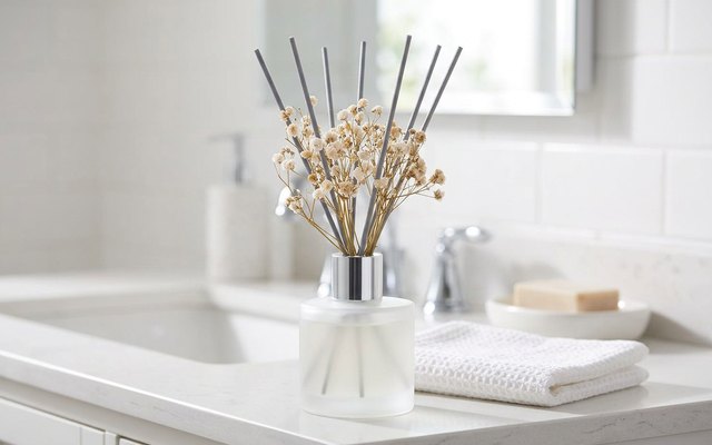 Frosted white reed diffuser with grey reeds and a sprig of baby’s breath on a white bathroom vanity beside a folded towel