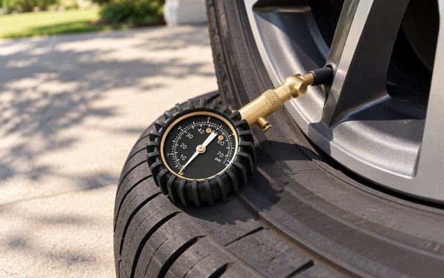 Dial tire pressure gauge, resting on top of a car tire beside the valve on a sunny driveway