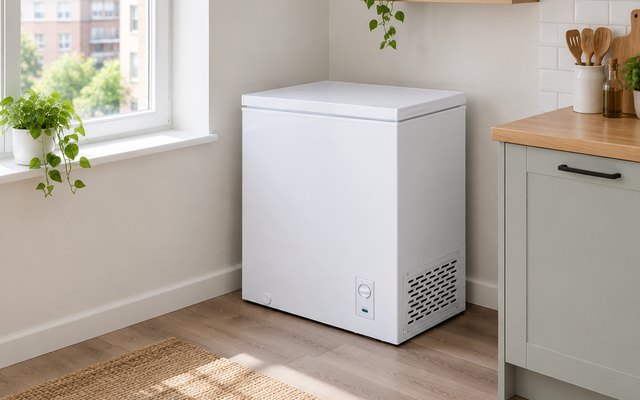 BLACK+DECKER compact chest freezer, in the corner of a small apartment kitchen beside a window