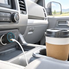 Black three-port car charger with a blue light ring in a pickup’s console socket beside a coffee cup