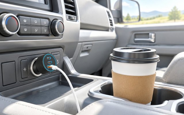 Black three-port car charger with a blue light ring in a pickup’s console socket beside a coffee cup