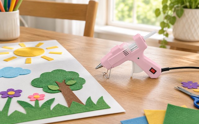 ROMECH 20W mini glue gun, on a kitchen table beside a school poster project with felt shapes
