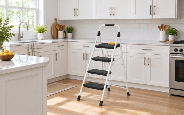 KINGRACK 4-step ladder, in a white American kitchen below tall upper cabinets