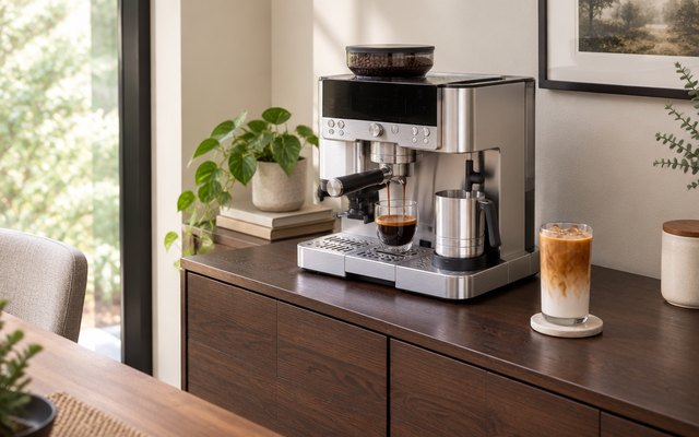 Ninja Luxe Café Premier, on a dark wood coffee station in a dining room, a glass of iced latte beside it