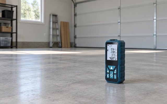 DTAPE DT100 laser measure, on the concrete floor of a large, empty two-car garage