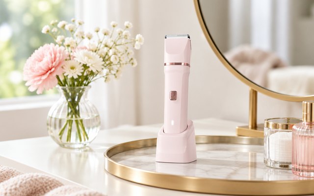 Risina 2-in-1 trimmer, on a vanity tray beside a round mirror and a small vase of flowers