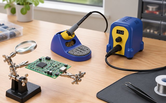 Hakko FX-888DX soldering station, on a tidy electronics repair bench with a circuit board in a helping-hands clamp