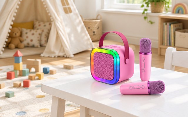Move2Play mini karaoke machine, on a little play table in a bright playroom with a play teepee behind