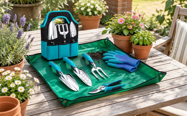 Kynup garden tool set, on its repotting mat on a sunlit patio table with houseplants and terracotta pots