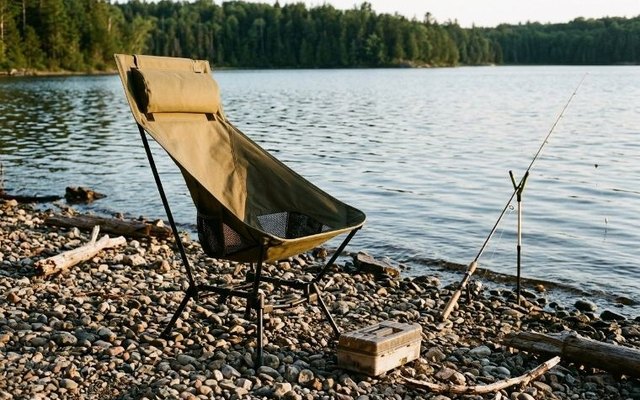 Olive high-back camping chair with a headrest pillow on a pebbly lakeshore at a fishing spot, a rod and tackle box beside it