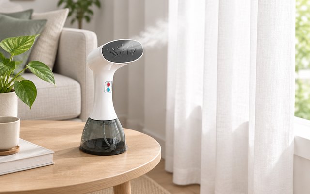 Rolipo handheld steamer, on a side table in a bright living room beside long white linen curtains