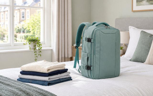 Xkdoai cabin backpack, packed and standing on a made bed