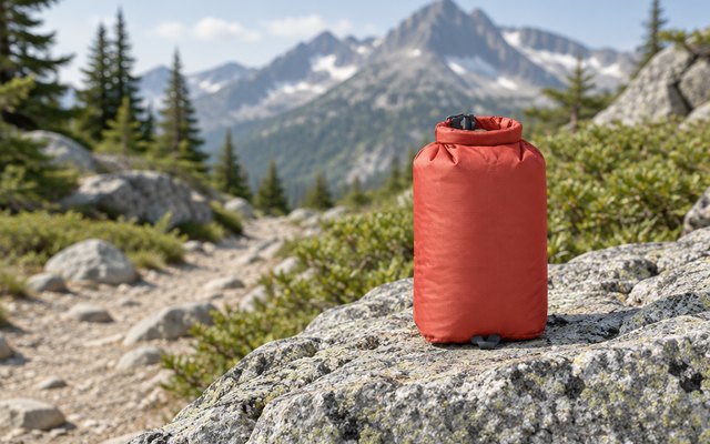 Osprey Ultralight Dry Sack, on a granite boulder beside a mountain hiking trail