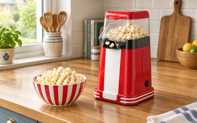 YASHE retro popcorn maker, on a worktop in a cosy British kitchen, a bowl of fresh popcorn beside it