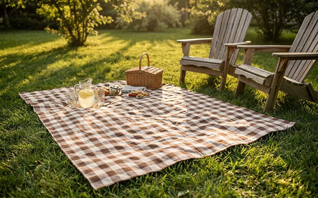 A brown and cream checkered picnic blanket on a backyard lawn beside two wooden lawn chairs