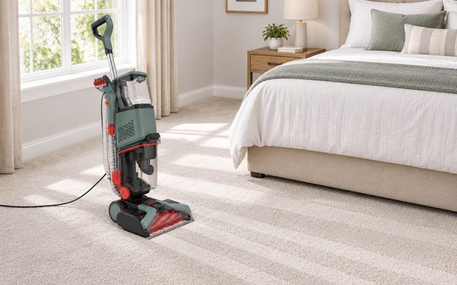Shark CarpetXpert upright, in a bright carpeted bedroom with a made bed and a window, fresh stripes on the carpet