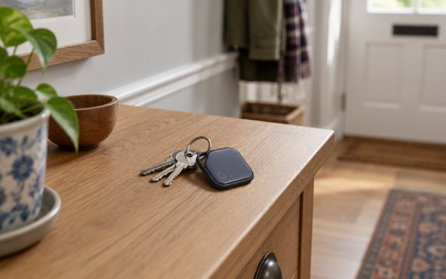 Small tracker tag on a set of house keys on a hallway table