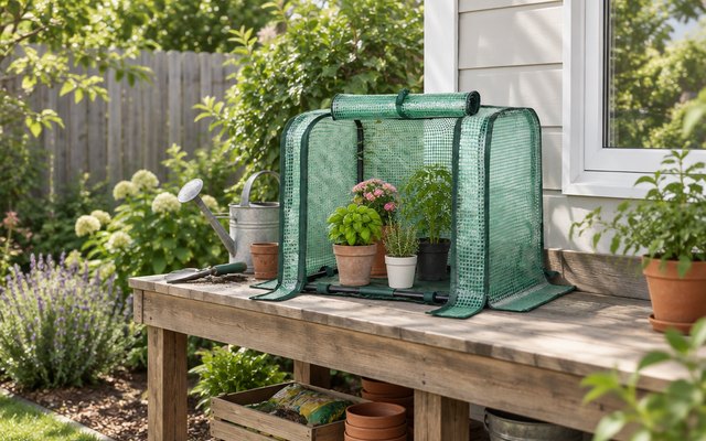 Small portable mini greenhouse, on a potting bench in a backyard garden, a few small pots inside