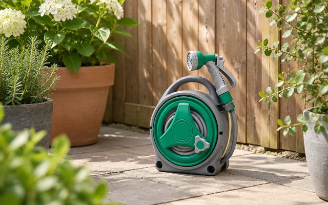 Greenera compact hose reel, on a small paved patio beside potted plants and a wooden fence