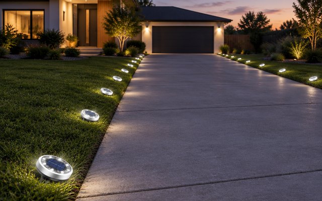 btfarm solar ground lights, along both sides of a long concrete driveway at dusk