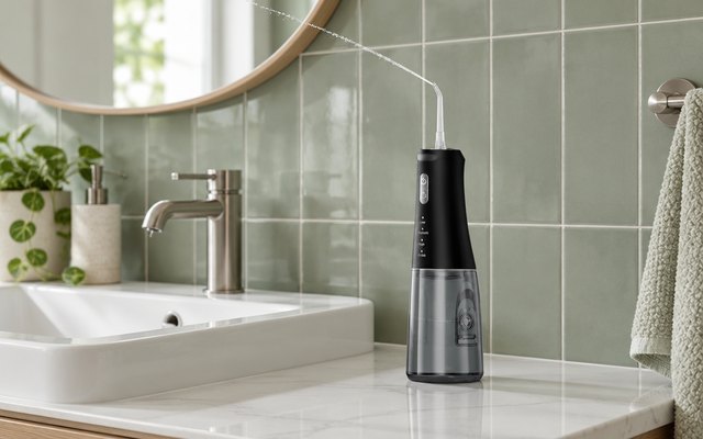 Onlyone cordless water flosser, beside the sink in a guest bathroom with sage-green tiles