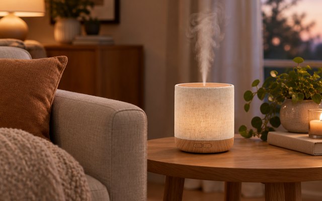 ZmarKraft diffuser lamp, on a side table beside a sofa in a cozy living room