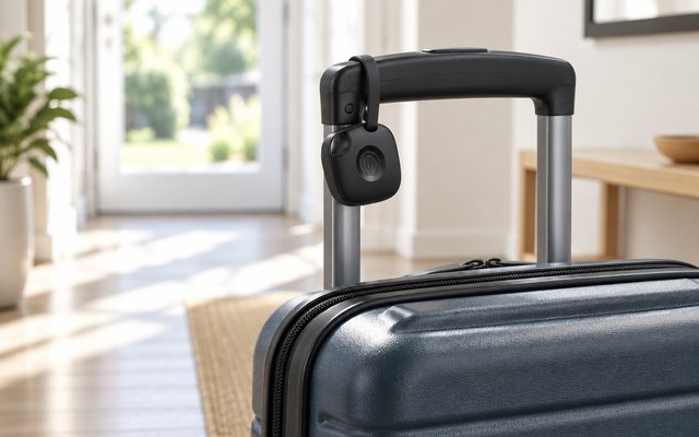 Tile Mate tracker, clipped to the handle of a suitcase in a bright hallway ready for a trip