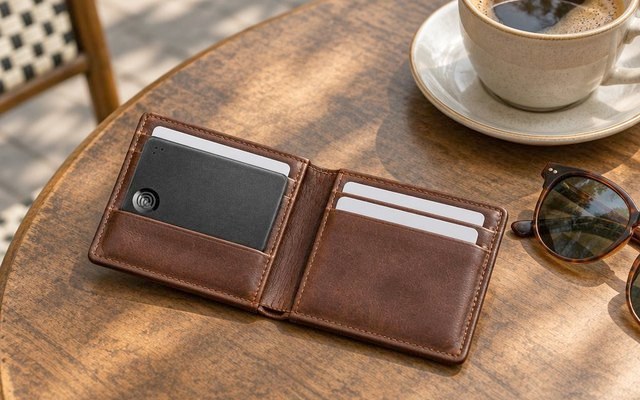 A black card tracker tucked in an open leather wallet on a café table