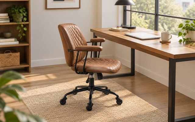 Mid-back office desk chair, at a wooden desk in a home office with a big window