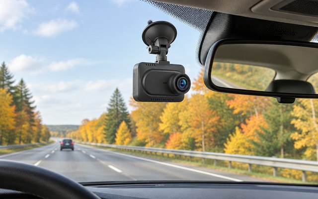 ROVE R2-4K DUAL dash cam, mounted on the inside of a car windshield beside the rear-view mirror, seen from the driver's side, with a tree-lined autumn highway ahead
