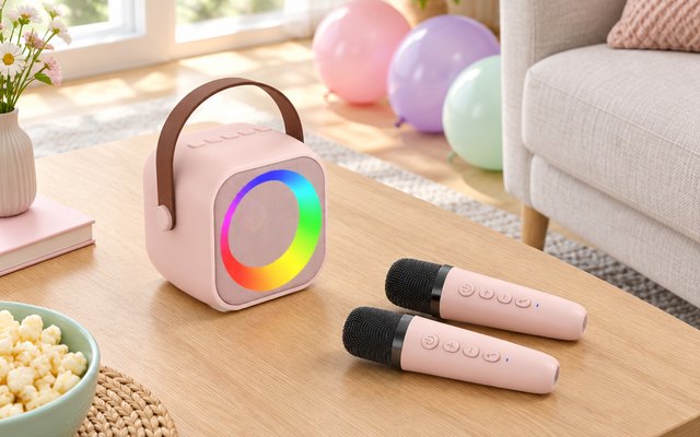 Pink mini karaoke speaker and two microphones on a coffee table