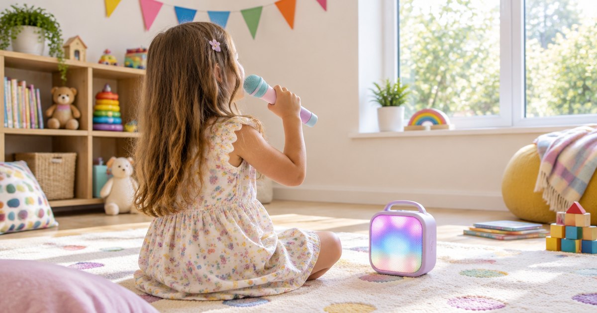 A child singing into a mini karaoke machine's microphone in a bright playroom