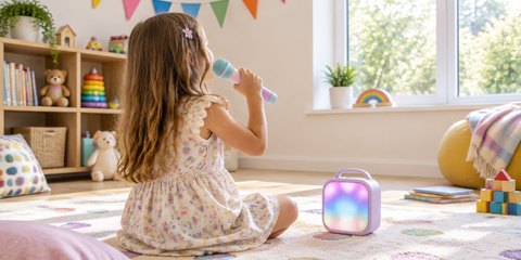 A child singing into a mini karaoke machine's microphone in a bright playroom