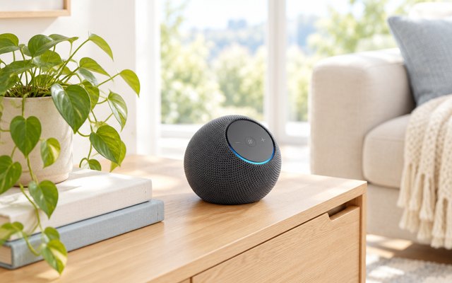 Echo Dot Max in graphite, on a living room media console