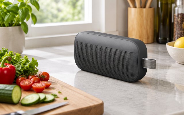 Bose SoundLink Flex Portable Bluetooth Speaker, on a kitchen counter beside a cutting board of vegetables