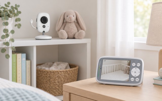 Baby monitor camera on a white nursery shelf next to a soft toy