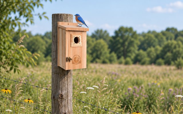 SISTERBIRD cedar bluebird houses, each mounted on its own wooden fence post along the edge of a meadow