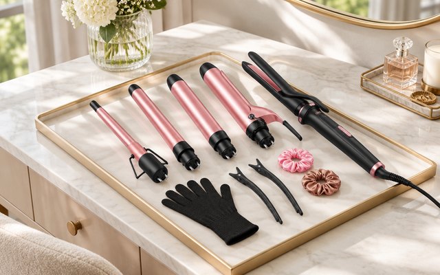 Ufree 5-in-1 Curling Iron Set with Flat Iron, curling wand set with its interchangeable barrels laid out neatly on a vanity tray beside a heat-resistant glove