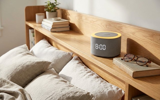 A grey round sound machine with a clock display on a wooden bookshelf headboard in a bright bedroom